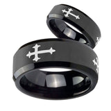 His Hers Christian Cross Religious Beveled Edges Black Tungsten Promise Ring Set