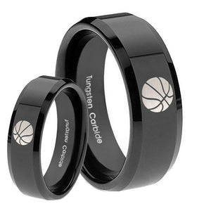 His Hers Basketball Beveled Edges Black Tungsten Men's Wedding Ring Set