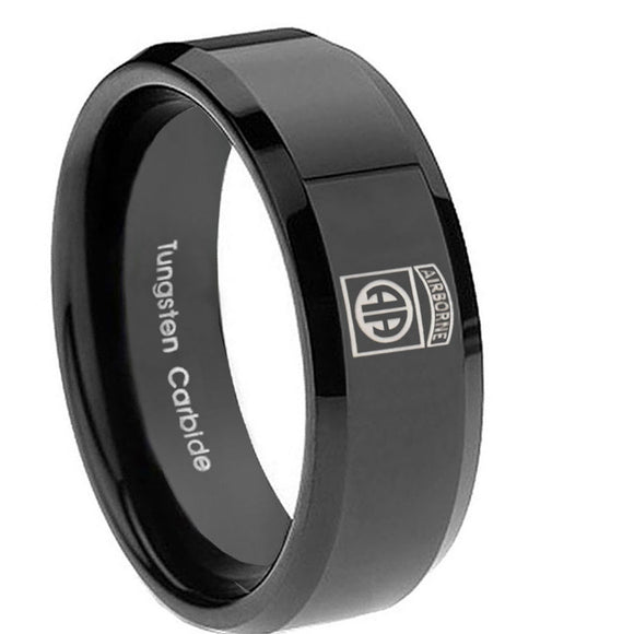 10mm Army Airborn Beveled Edges Black Tungsten Carbide Engraved Ring