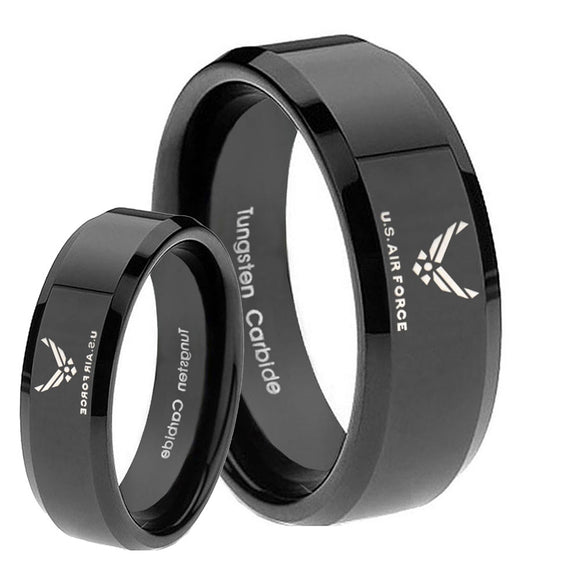 His Her's US Air Force Black Beveled Edges Tungsten Carbide Wedding Rings Set