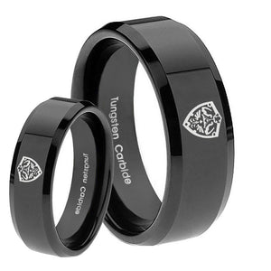 His Hers Zelda Hylian Shield Beveled Edges Black Tungsten Engraved Ring Set