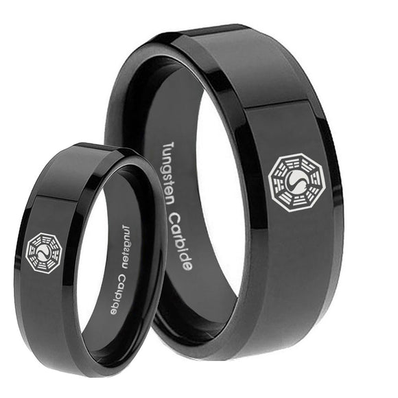 His Hers Lost Dharma Beveled Edges Black Tungsten Wedding Band Mens Set