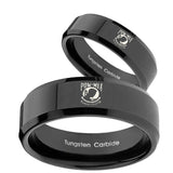 His Hers Military Pow Beveled Edges Black Tungsten Mens Engagement Ring Set