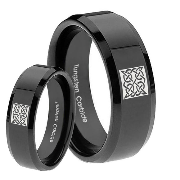 His Hers Celtic Design Beveled Edges Black Tungsten Wedding Band Ring Set