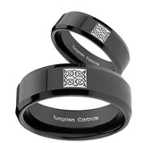 His Hers Celtic Design Beveled Edges Black Tungsten Wedding Band Ring Set