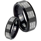 His Hers Multiple Celtic Beveled Edges Black Tungsten Mens Engagement Band Set