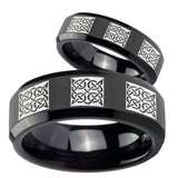 His Hers Multiple Celtic Beveled Edges Black Tungsten Mens Engagement Band Set