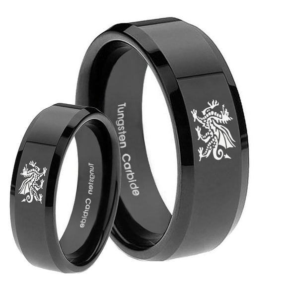 His and Hers Dragon Beveled Edges Black Tungsten Anniversary Ring Set