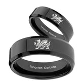 His and Hers Dragon Beveled Edges Black Tungsten Anniversary Ring Set