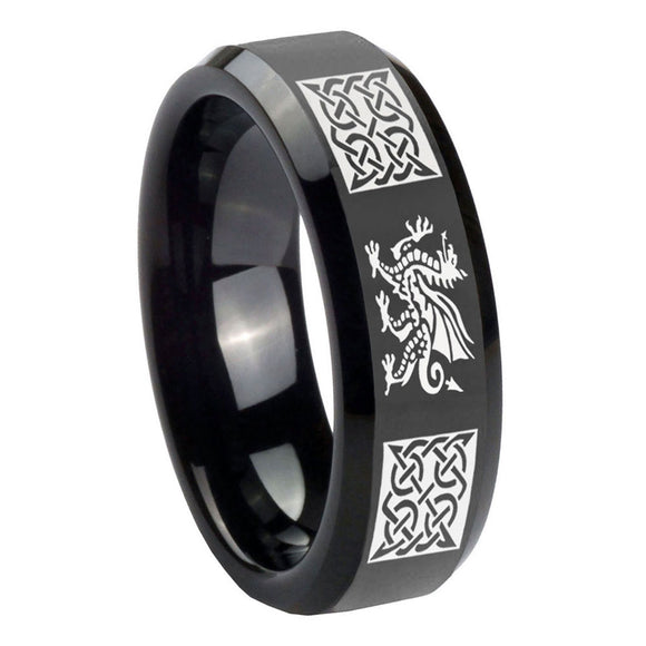 10mm Multiple Dragon Celtic Beveled Edges Black Tungsten Mens Wedding Ring