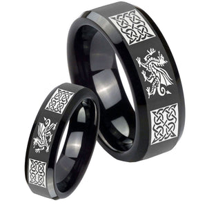 His Hers Multiple Dragon Celtic Beveled Edges Black Tungsten Mens Ring Set