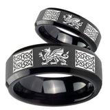 His Hers Multiple Dragon Celtic Beveled Edges Black Tungsten Mens Ring Set