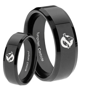 His Hers Ghostbusters Beveled Edges Black Tungsten Men's Engagement Ring Set