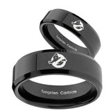 His Hers Ghostbusters Beveled Edges Black Tungsten Men's Engagement Ring Set