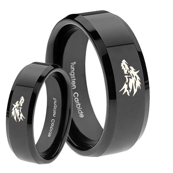 His and Hers Wolf Beveled Edges Black Tungsten Wedding Bands Ring Set