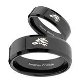 His and Hers Wolf Beveled Edges Black Tungsten Wedding Bands Ring Set