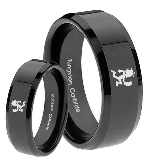 His Hers Hatchet Man Beveled Edges Black Tungsten Wedding Engagement Ring Set