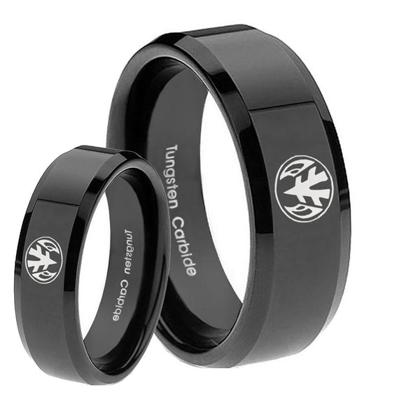 His Hers Love Power Rangers Beveled Black Tungsten Wedding Engraving Ring Set