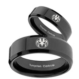 His Hers Love Power Rangers Beveled Black Tungsten Wedding Engraving Ring Set