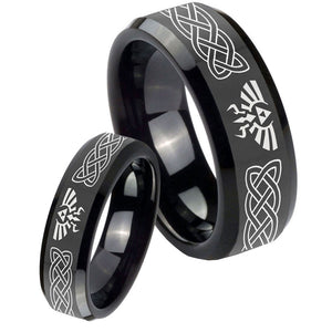 His Hers Celtic Zelda Beveled Edges Black Tungsten Men's Wedding Band Set