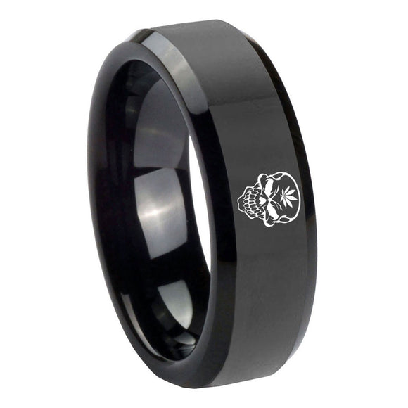 10mm Skull Marijuana Leaf  Beveled Edges Black Tungsten Wedding Engagement Ring