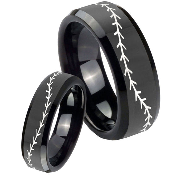 His and Hers Baseball Stitch Beveled Edges Black Tungsten Promise Ring Set