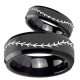 His and Hers Baseball Stitch Beveled Edges Black Tungsten Promise Ring Set