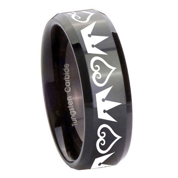 10mm Hearts and Crowns Beveled Edges Black Tungsten Carbide Custom Mens Ring