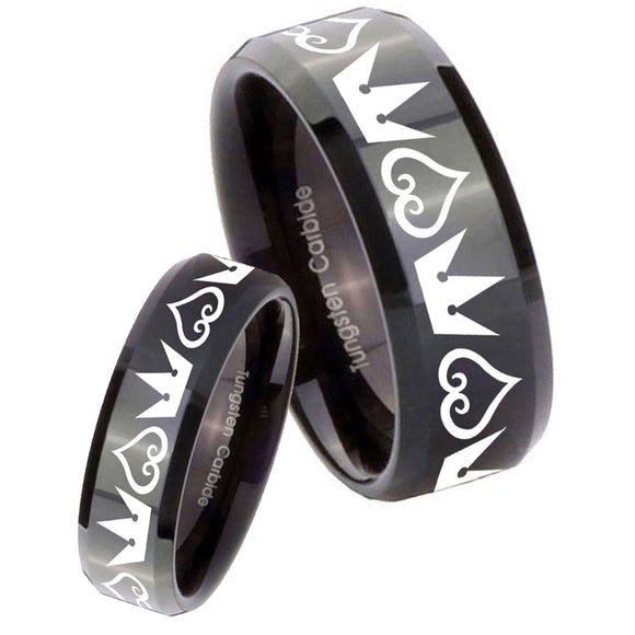 His Hers Hearts and Crowns Beveled Edges Black Tungsten Rings for Men Set