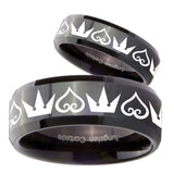 His Hers Hearts and Crowns Beveled Edges Black Tungsten Rings for Men Set