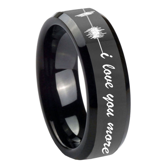 10mm Sound Wave, I love you more Beveled Black Tungsten Custom Ring for Men