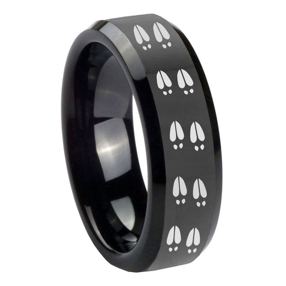 10mm Deer Tracks Beveled Edges Black Tungsten Carbide Engraved Ring