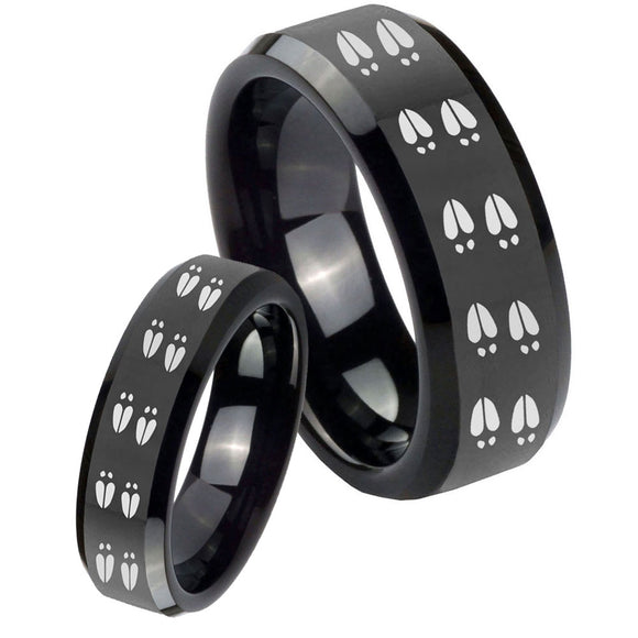 His Hers Deer Tracks Beveled Edges Black Tungsten Men's Engagement Band Set