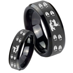 His Hers Deer Hunting Tracks Beveled Black Tungsten Men's Engagement Ring Set