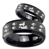 His Hers Deer Hunting Tracks Beveled Black Tungsten Men's Engagement Ring Set