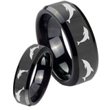 His and Hers Dolphins Beveled Edges Black Tungsten Mens Promise Ring Set