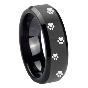 10mm Paw Print Beveled Edges Black Tungsten Carbide Men's Bands Ring