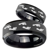 Bride and Groom Foot Print Beveled Edges Black Tungsten Men's Ring Set