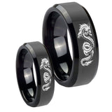 His and Hers Dragon Beveled Edges Black Tungsten Men's Wedding Band Set