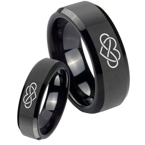 His Hers Infinity Love Beveled Edges Black Tungsten Mens Wedding Ring Set