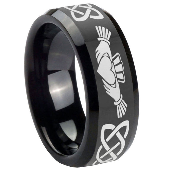 10mm Irish Claddagh Beveled Edges Black Tungsten Carbide Men's Wedding Ring
