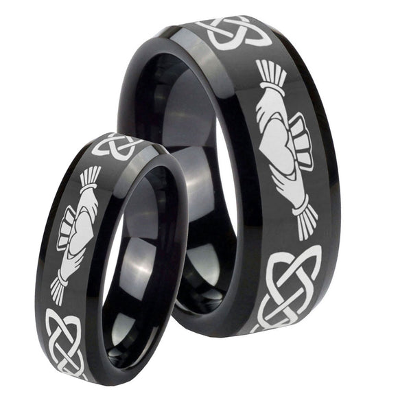 His Hers Irish Claddagh Beveled Edges Black Tungsten Anniversary Ring Set