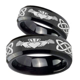 His Hers Irish Claddagh Beveled Edges Black Tungsten Anniversary Ring Set