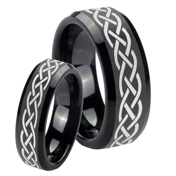 His Hers Celtic Knot Beveled Edges Black Tungsten Promise Ring Set