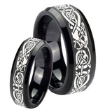 His Hers Celtic Knot Dragon Beveled Edges Black Tungsten Custom Mens Ring Set