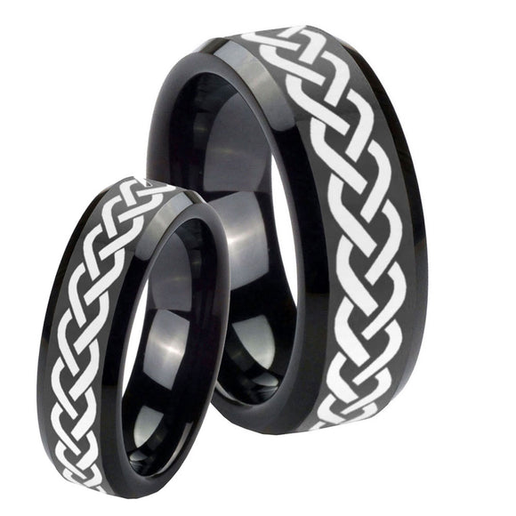 His Hers Laser Celtic Knot Beveled Edges Black Tungsten Promise Ring Set