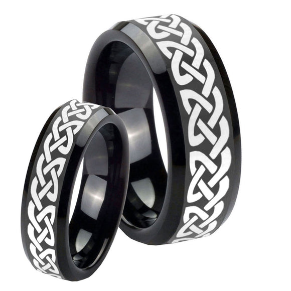 His Hers Celtic Knot Love Beveled Edges Black Tungsten Promise Ring Set