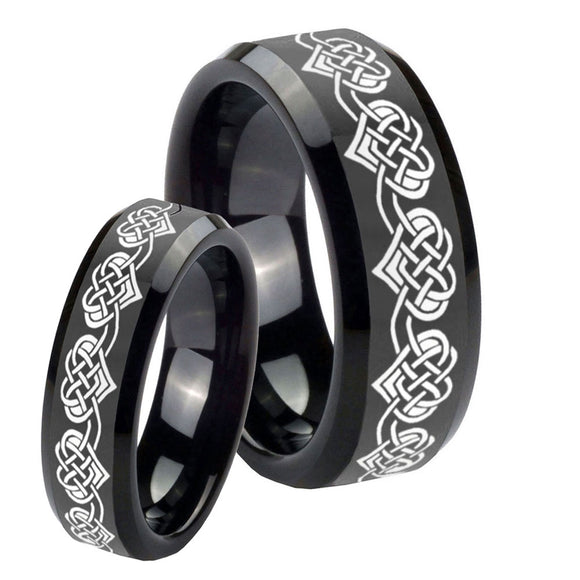 His Hers Celtic Knot Heart Beveled Edges Black Tungsten Promise Ring Set