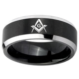 8mm Freemason Masonic Beveled Edges Brush Black 2 Tone Tungsten Mens Bands Ring