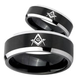 His Hers Freemason Masonic Beveled Brush Black 2 Tone Tungsten Rings for Men Set